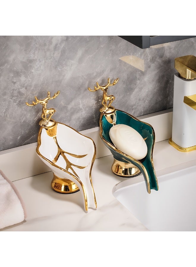 ALMiHomi Luxury Ceramic Soap Dish 2-Pack – Gold Deer Design, Premium Bathroom Soap Holder, Soap Tray for Sink Counter, Stylish Bath Organizer - Image 1